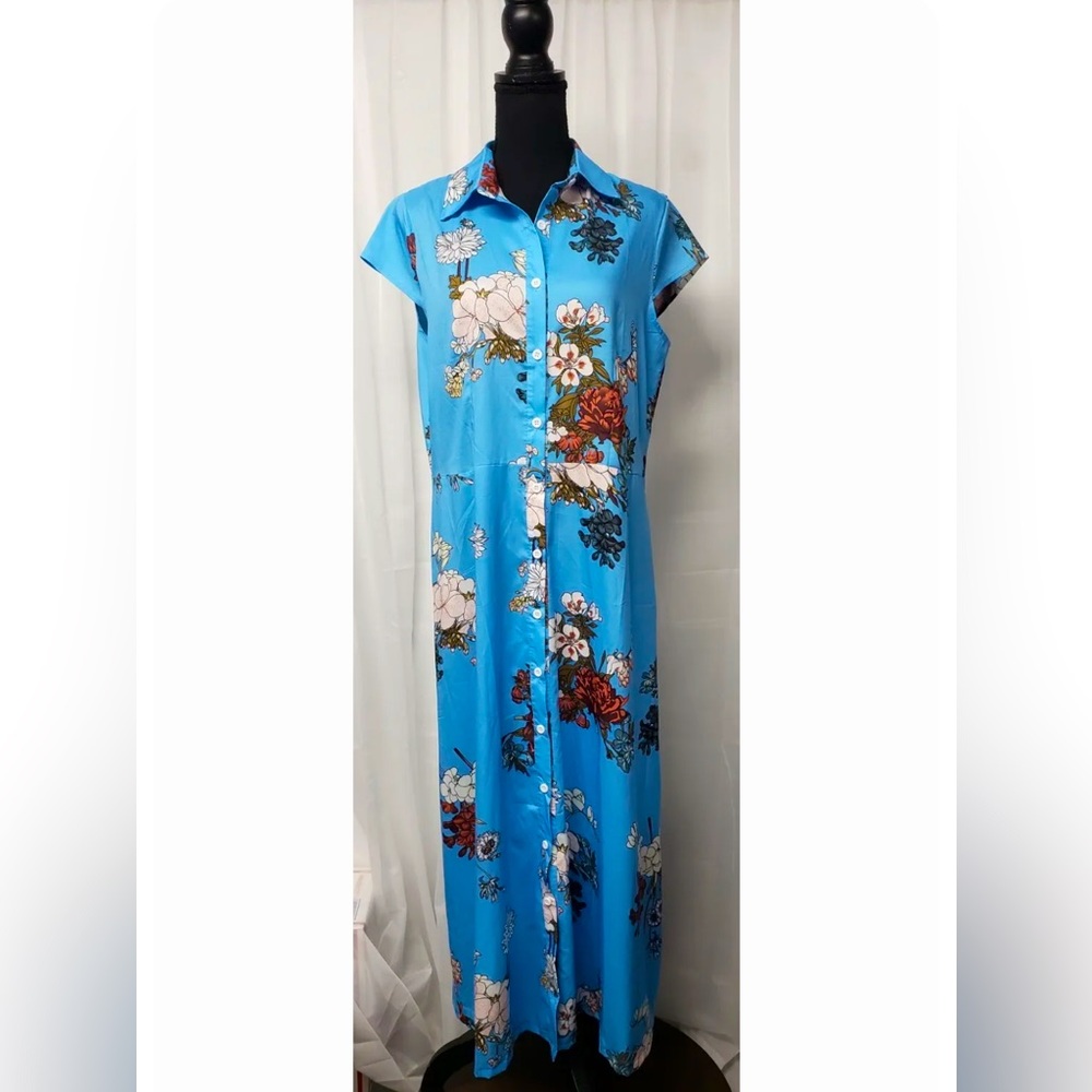 Misslook Blue Floral Button Asian Botanical Spring Summer Dress, Size Small